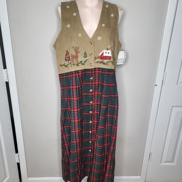 Vintage Casey & Max NWT New Long Winter Christmas Jumper Tan Red Size Large - Picture 1 of 9